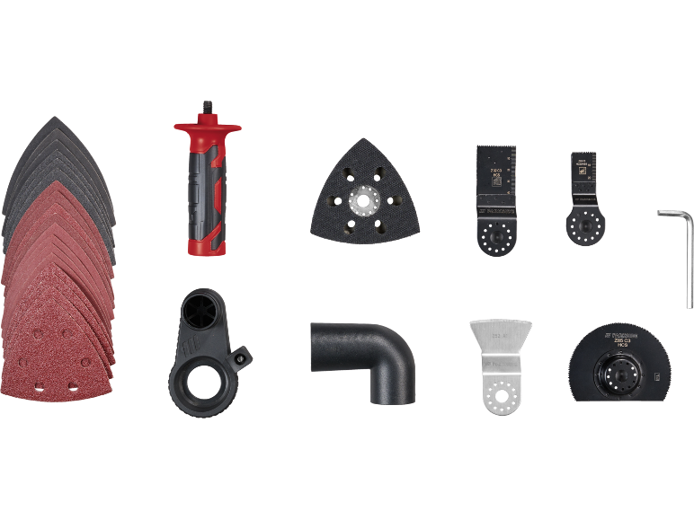 Set di carte abrasive, lame e accessori per utensile multifunzione.