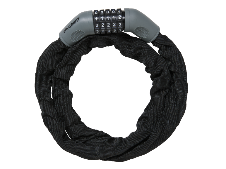 Lucchetto a catena per bicicletta nero con combinazione, avvolto in cerchio.
