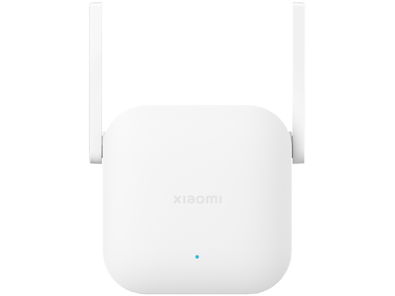 Estensore di segnale Wi-Fi bianco con due antenne e un indicatore LED blu.