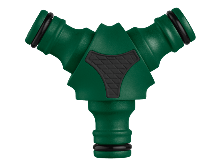 Divisore per tubo da giardino verde con tre uscite e dettagli neri.
