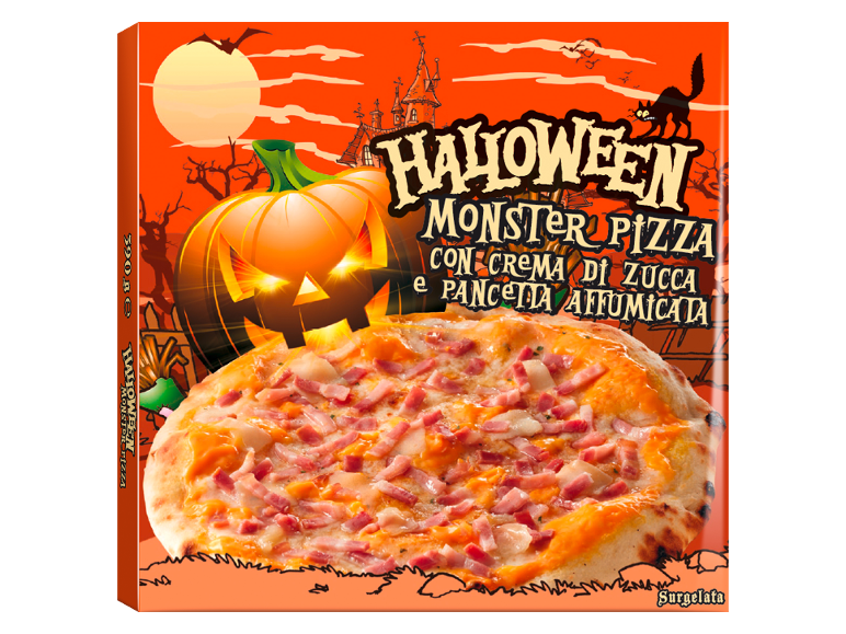 Pizza di Halloween con crema di zucca e pancetta affumicata, 390g.