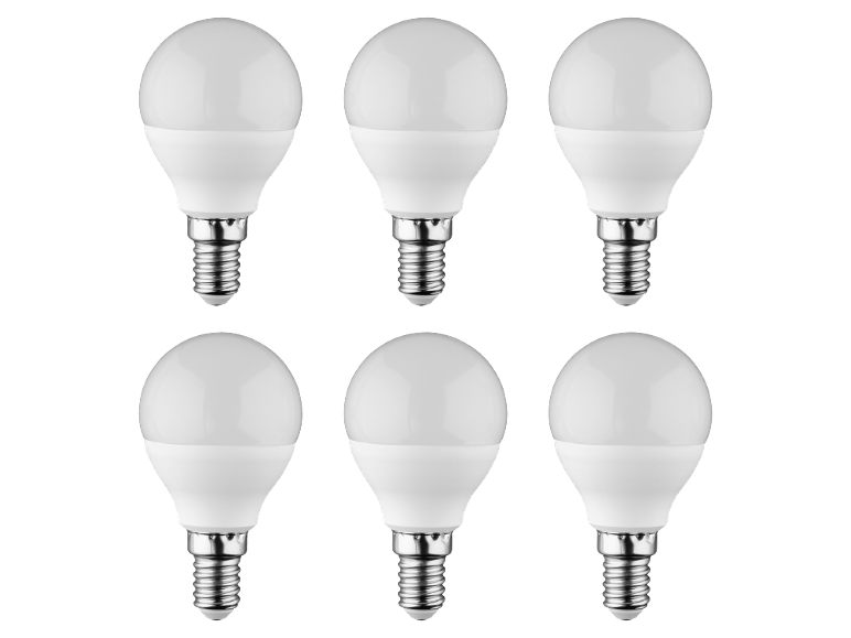 Sei lampadine LED bianche E14 a vite su sfondo nero.