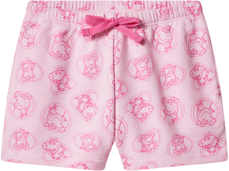 Pantaloncini rosa con stampa di maialini e cuori, con coulisse in vita.