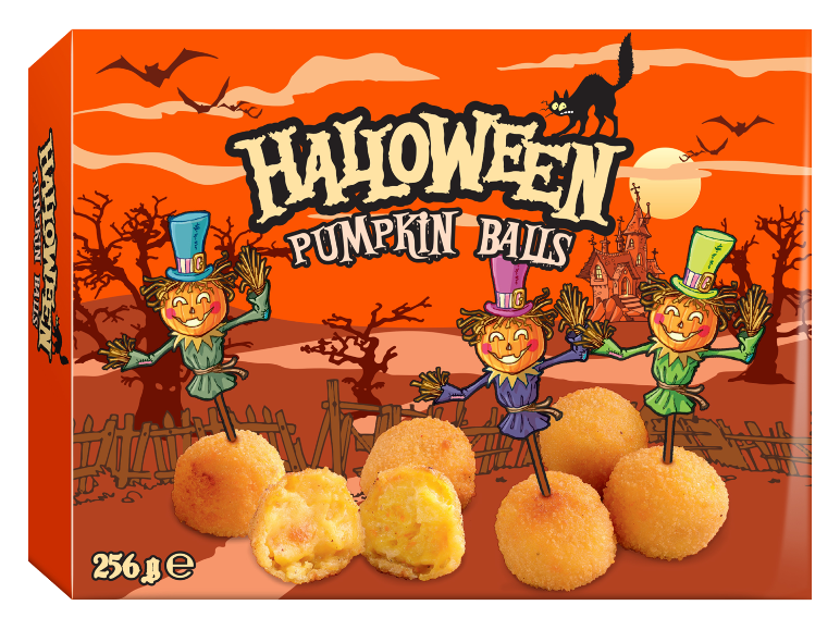 Scatola di palline di zucca di Halloween con spaventapasseri e un gatto nero.