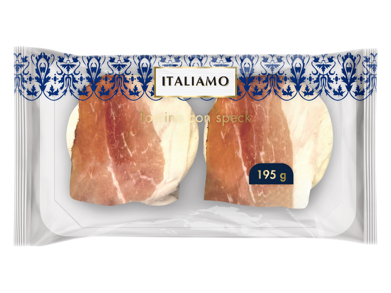 Formaggio Tomino con speck confezionato, con un design classico e 195 g di peso.