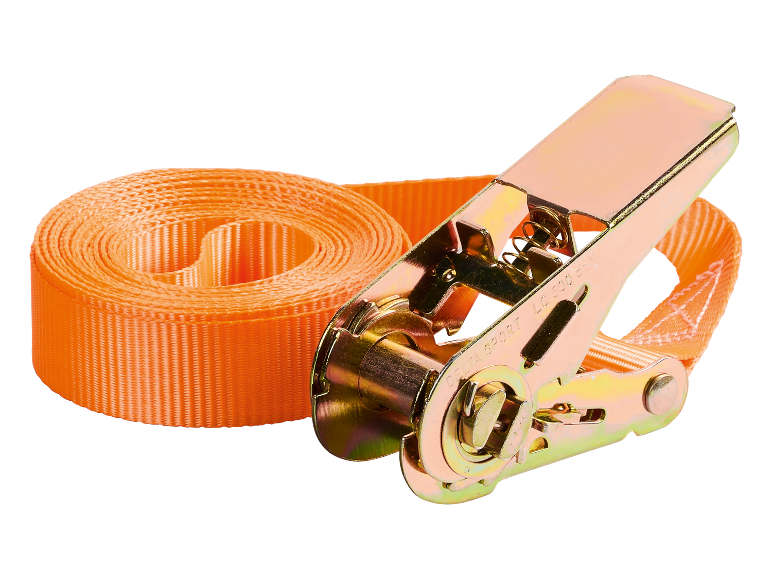 Cinghia a cricchetto arancione per fissare il carico.
