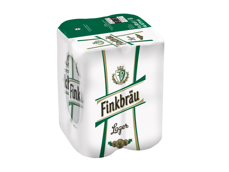 Confezione da quattro di birra lager, con design verde e oro