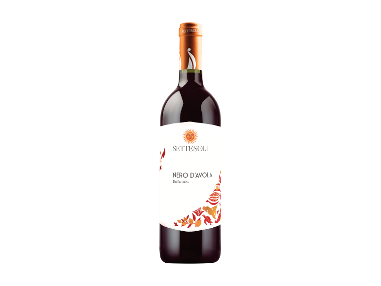Bottiglia di vino rosso con etichetta che mostra un sole e motivi rossi e arancioni.
