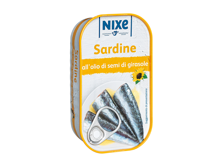 Scatola di sardine all'olio di semi di girasole, con immagine di sardine e un girasole.