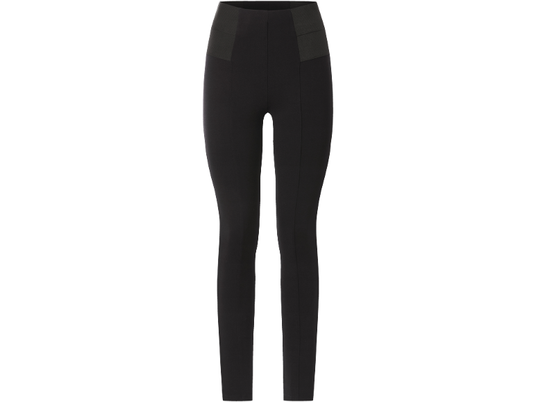 Leggings neri da donna con vita elasticizzata e dettagli di cucitura.