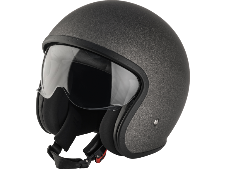 Casco da moto jet grigio scuro con visiera trasparente e bordo nero.