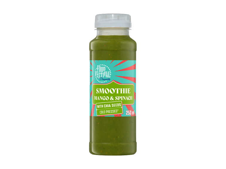 Smoothie mango e spinaci con semi di chia, spremuto a freddo, 250 ml.