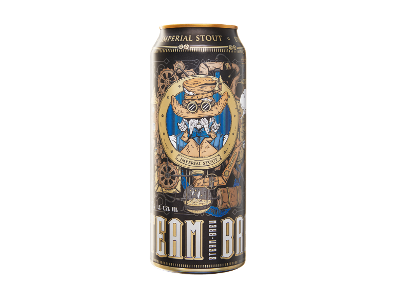 Birra Imperial Stout in lattina con illustrazione steampunk di un uomo barbuto.