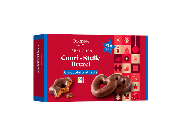 Scatola rossa con biscotti al cioccolato a forma di cuore e stella, con 25% cioccolato al latte.