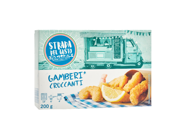 Gamberi impanati con limone, con un food truck italiano sullo sfondo.