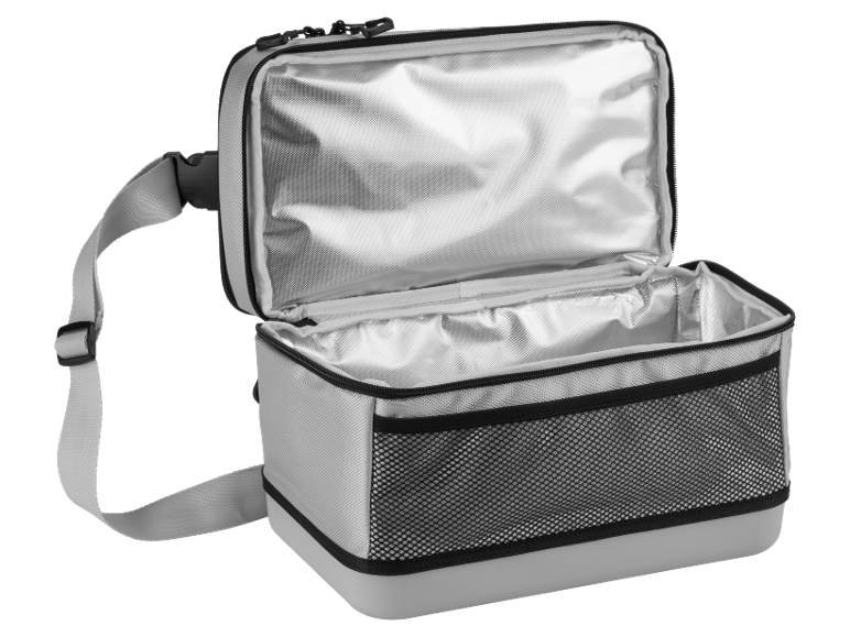 Borsa termica portatile aperta con interno argentato e tasca a rete.