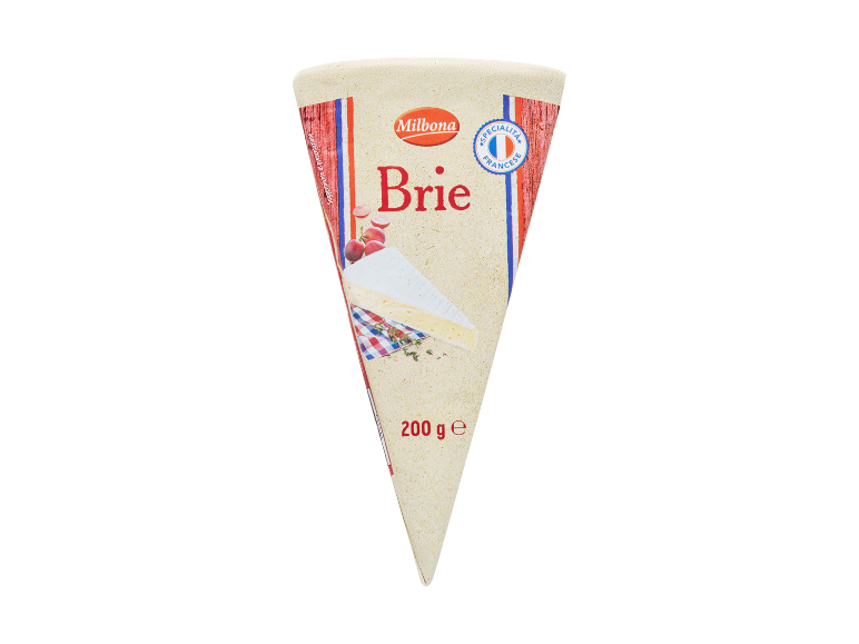 Formaggio brie con la scritta 'Brie' e 'Specialità Francese', 200 g