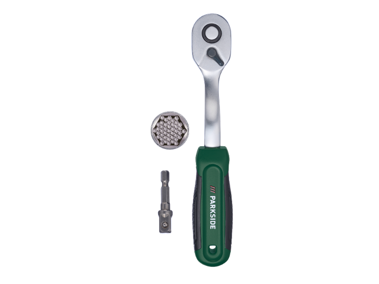 Chiave a cricchetto con bussola universale e adattatore per inserti.
