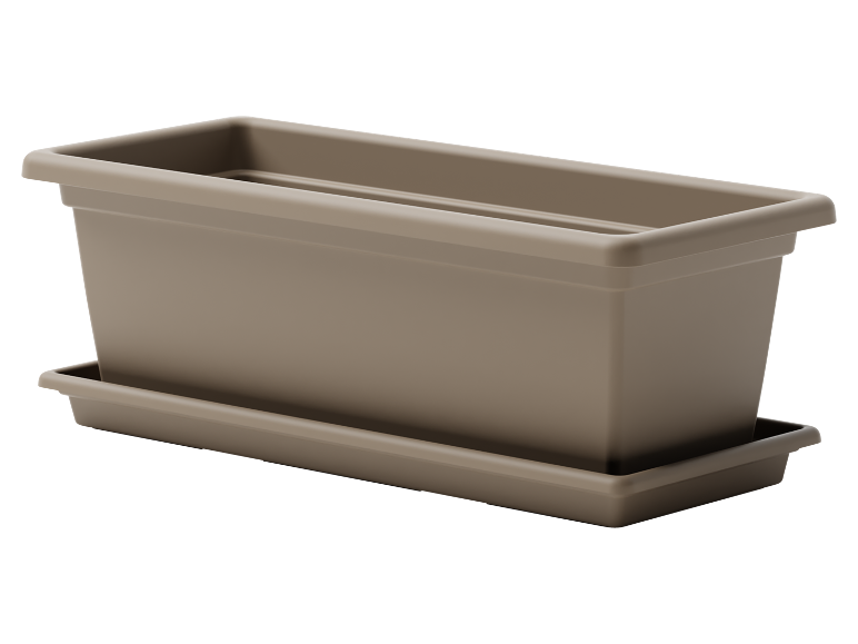 Fioriera rettangolare in plastica marrone con sottovaso abbinato.