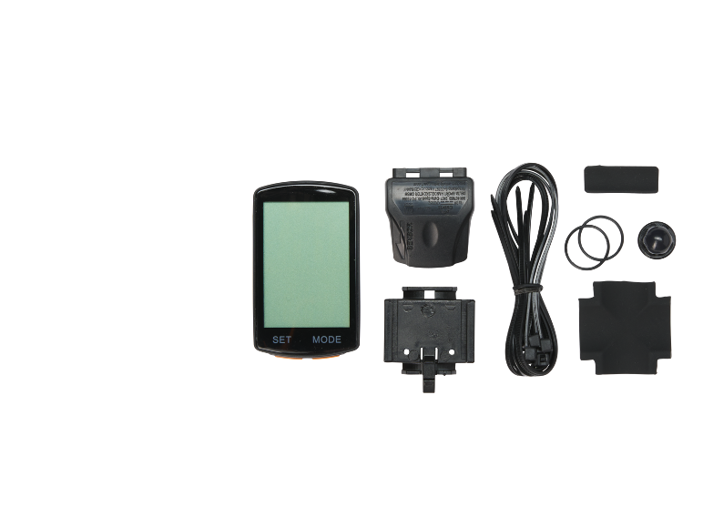 Ciclocomputer con display, sensore, cavi e accessori per bicicletta.