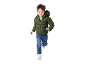 Bambino con giacca imbottita verde e jeans blu che corre