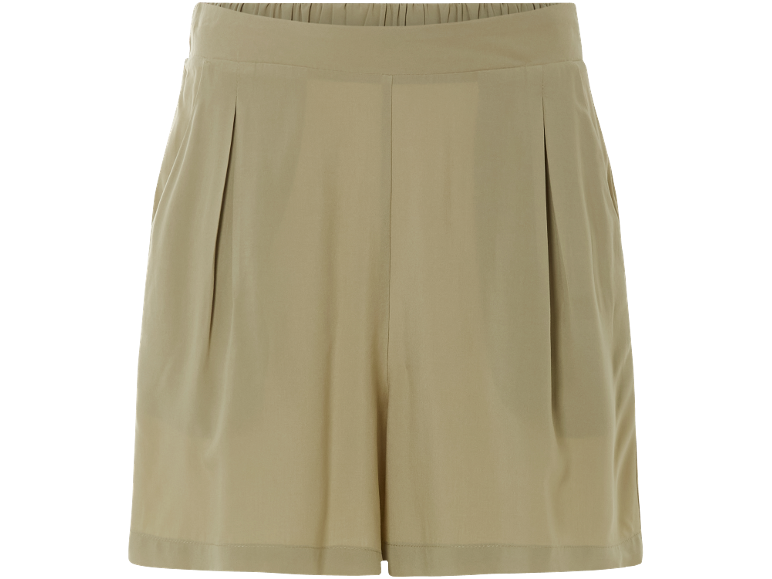 Pantaloncini da donna color kaki con elastico in vita e pieghe.