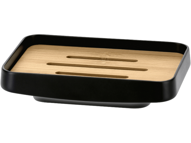 Portasapone nero con inserto rimovibile in legno chiaro a doghe per il drenaggio.
