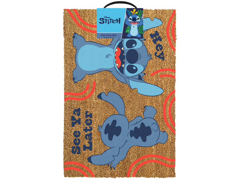 Zerbinetto in cocco con Stitch, uno che saluta e l'altro che striscia, con scritte 'Hey' e 'See Ya Later'.