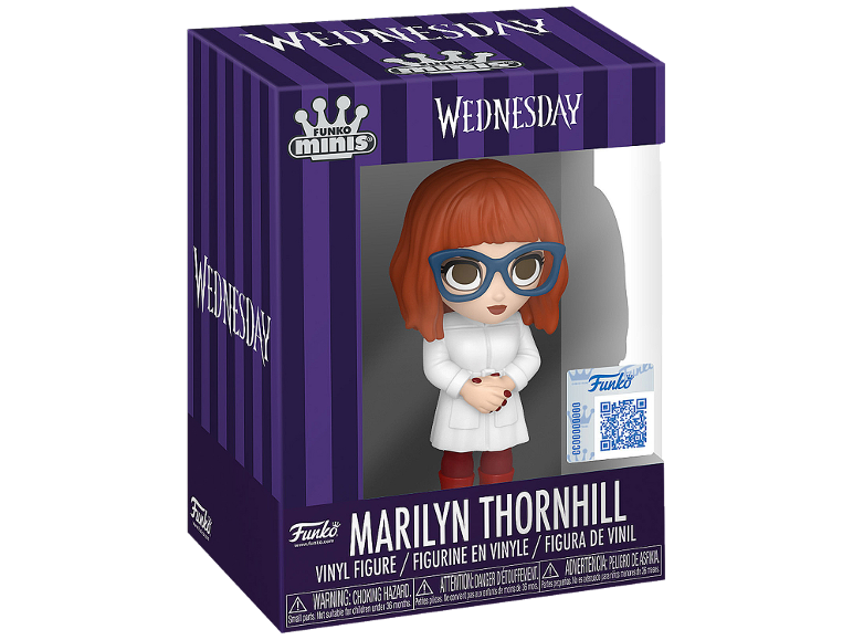 Action figure in vinile di Wednesday Marilyn Thornhill, cappotto bianco e occhiali blu.