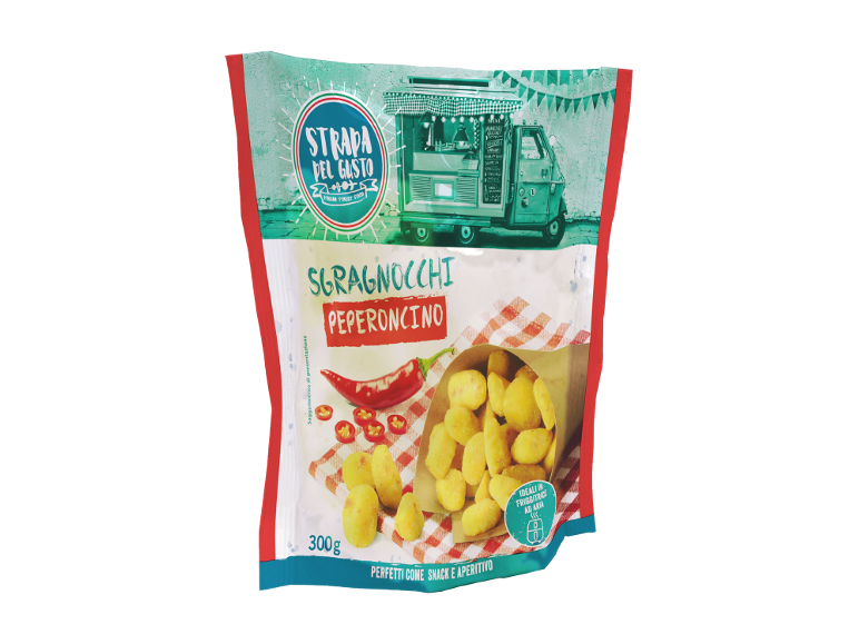 Confezione di snack croccanti al peperoncino, ideali per friggitrice ad aria.