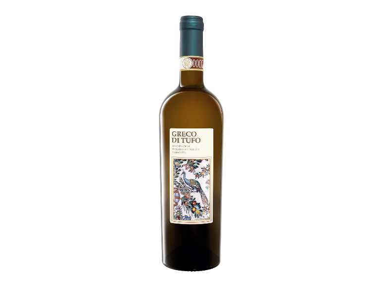 Bottiglia di vino bianco con etichetta raffigurante un pavone e fiori.