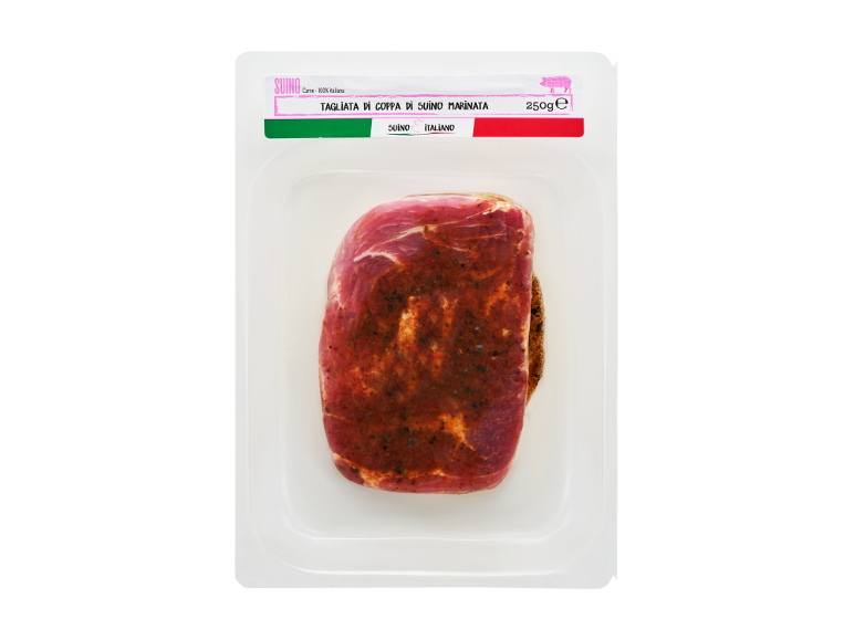 Tagliata di coppa di suino marinata, 250g, in confezione sottovuoto.