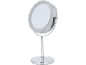 Specchio cosmetico rotondo cromato con illuminazione a LED e base.