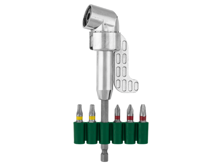 Adattatore angolare con set di punte per cacciavite Torx e Phillips.