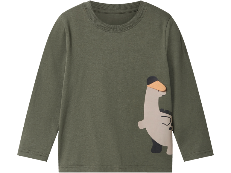 Maglietta verde a maniche lunghe per bambini con stampa di dinosauro con cappello.
