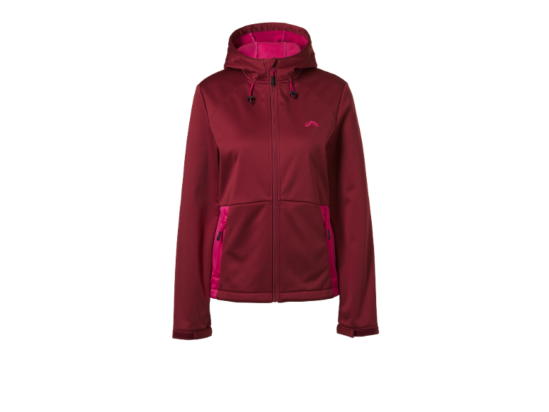 Giacca softshell bordeaux da donna con dettagli rosa e cappuccio.