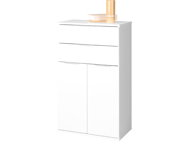 Cassettiera bianca con due cassetti e due armadietti, decorata con libri e un vaso.