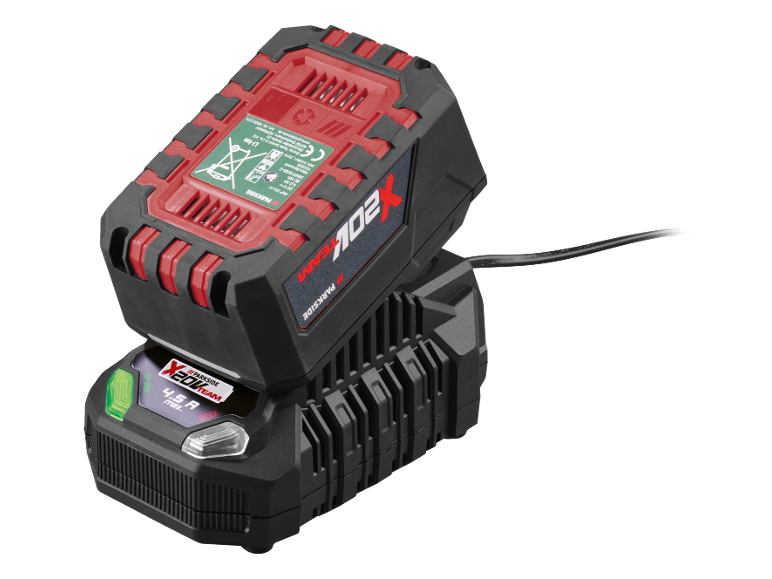 Un caricabatterie per utensili elettrici con una batteria inserita, che mostra 'X 20V TEAM' e '4.5 A max'.