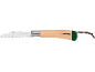 Sega pieghevole per potatura con manico in legno e cappuccio verde con cinturino in pelle.