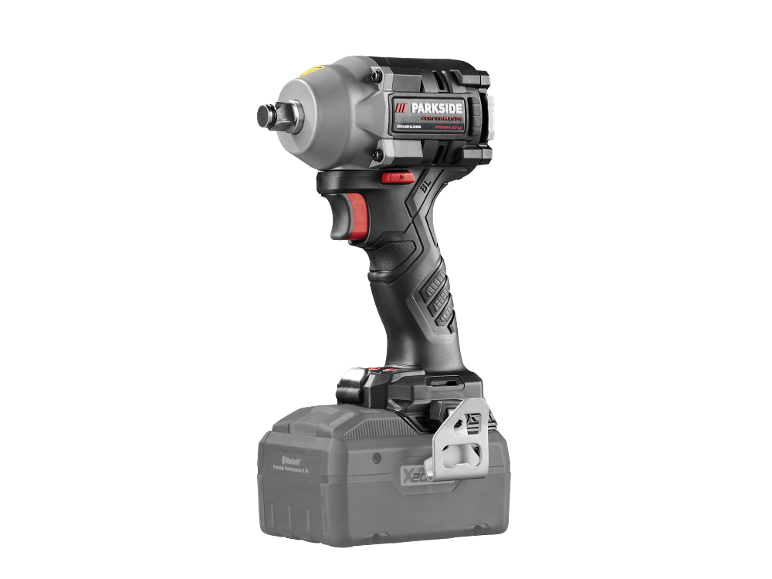 Avvitatore a impulsi a batteria con corpo nero e grigio e accenti rossi, con batteria da 8 Ah.