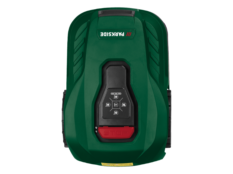 Robot tagliaerba verde con pannello di controllo nero e pulsante « STOP » rosso.