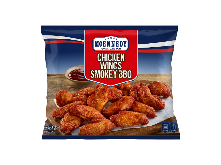 Ali di pollo congelate al gusto BBQ affumicato, 750g, pronte in 15-25 minuti.
