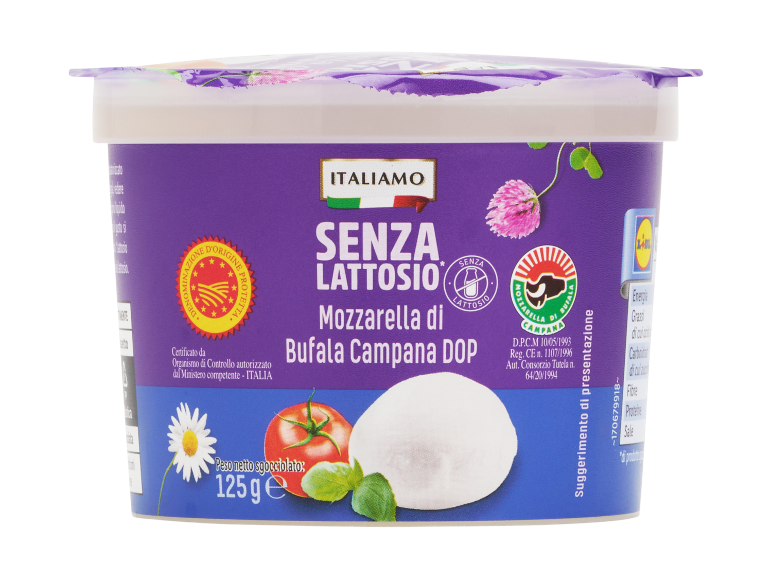 Confezione di mozzarella di bufala senza lattosio con pomodoro e basilico, 125g.