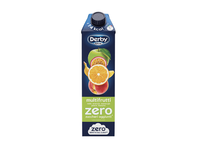 Succo multifrutta in confezione blu con mela, arancia, maracuja, pesca e banana, senza zuccheri aggiunti.