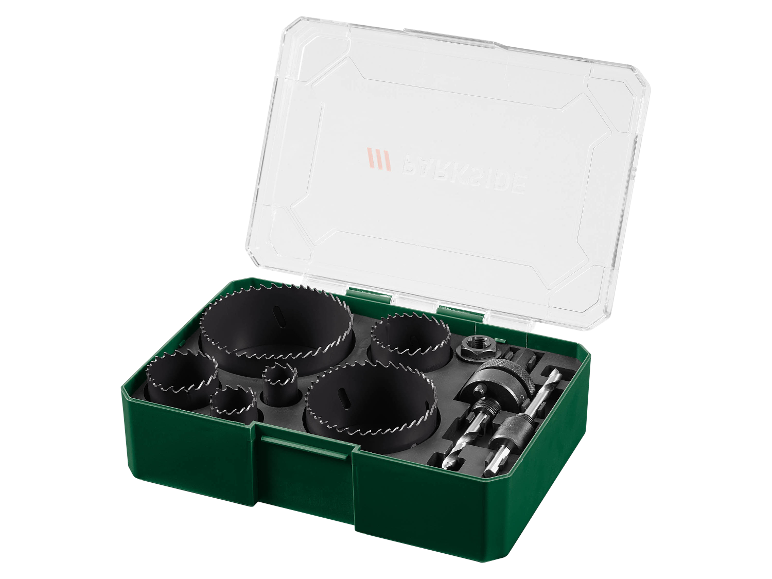 Set di seghe a tazza in una custodia verde con seghe di varie dimensioni e punte da trapano.