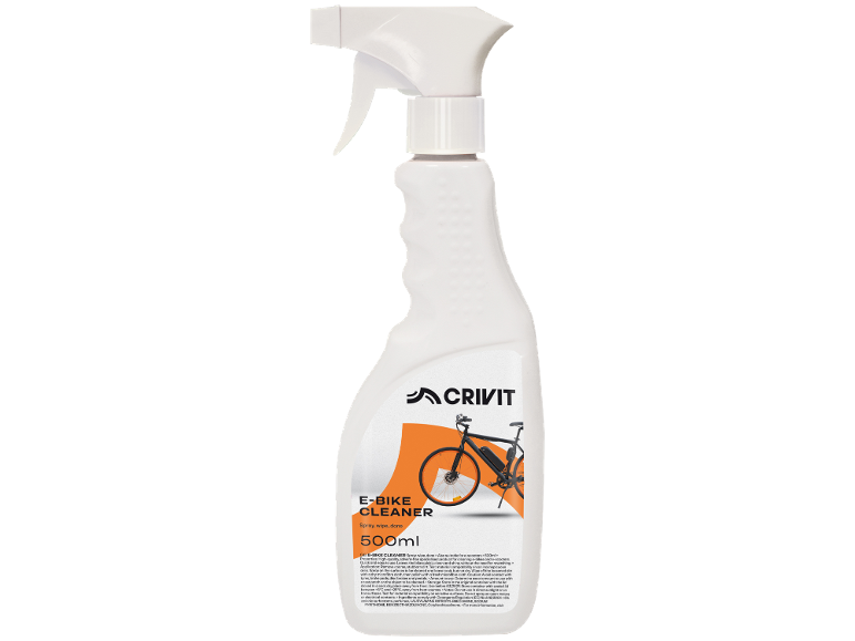 Flacone spray bianco di detergente per e-bike, 500ml, con grafica di e-bike.