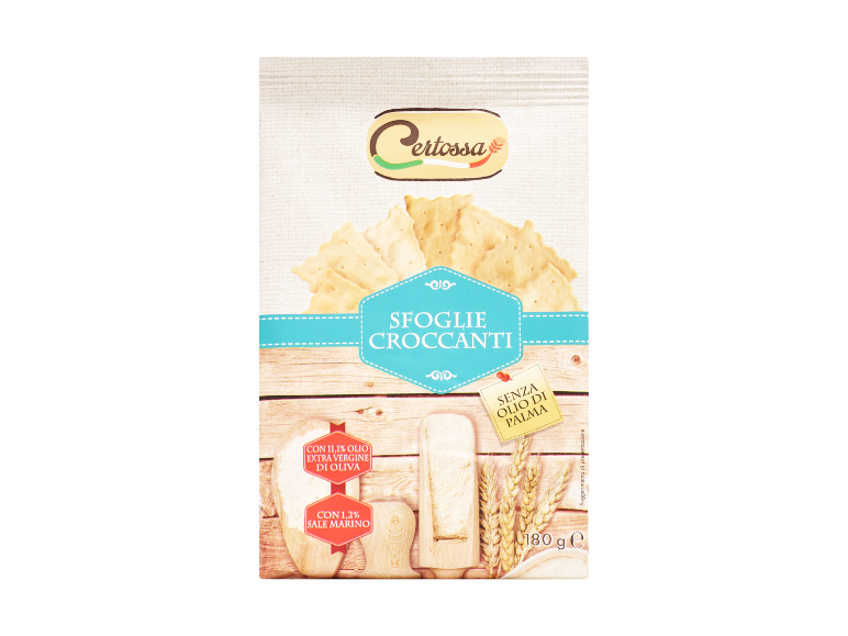 Confezione di sfoglie croccanti con olio extra vergine d'oliva e sale marino, senza olio di palma.