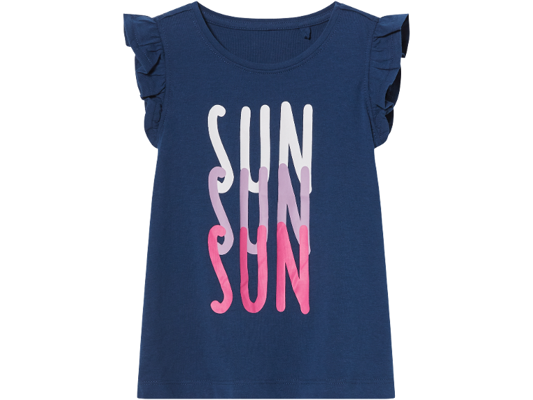 Maglietta blu a maniche corte con stampa 'SUN' in bianco, lilla e rosa.
