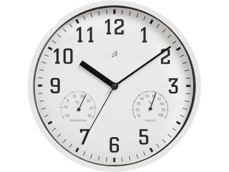 Orologio da parete bianco con numeri neri, termometro che segna 25°C e igrometro che segna 65%.