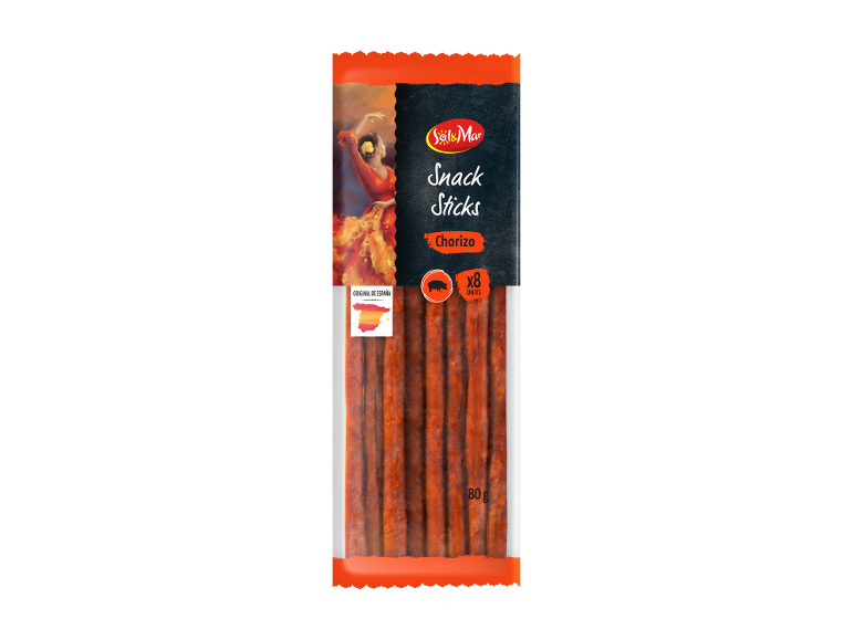 Confezione da 8 bastoncini di chorizo spagnolo, con motivo di ballerina di flamenco.